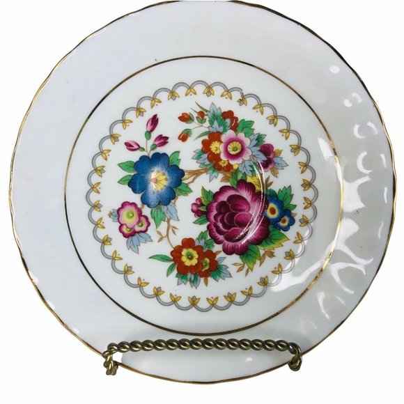 Aynsley Tea Cup & Saucer Floral Blue Burgundy Bone China Footed Scallop Gold - Picture 10 of 11